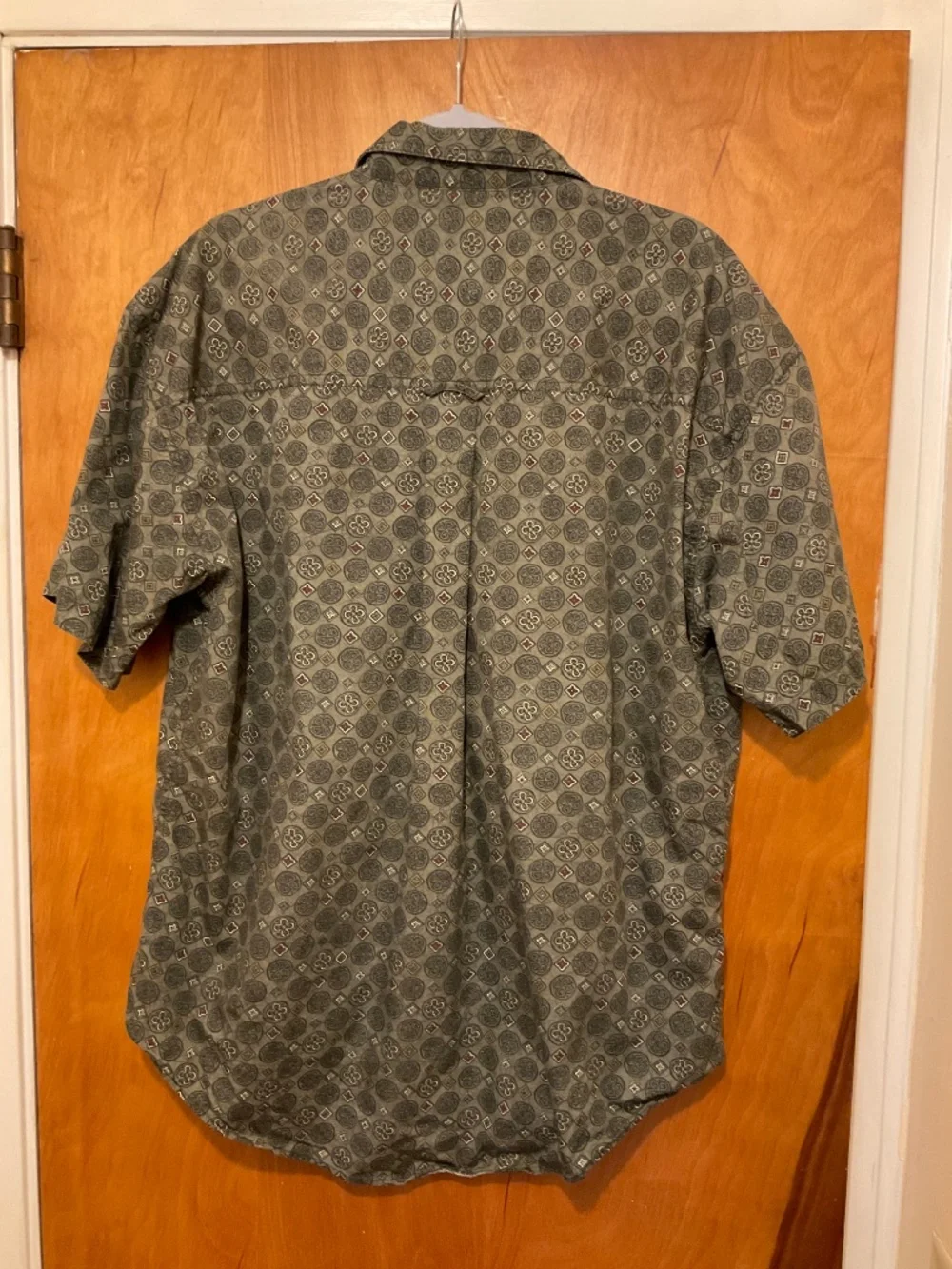 Chaps Ralph Lauren Men’s Shirt L Geometric Print Button Short Sleeve OliveGreen